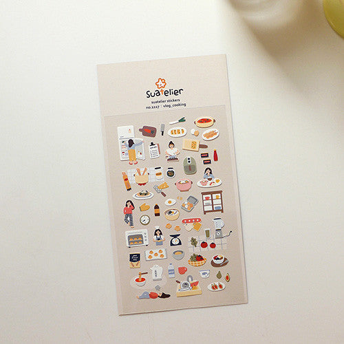 Colorful SUATELIER Vlog Cooking Stickers on white background, featuring various cooking-themed illustrations and icons.