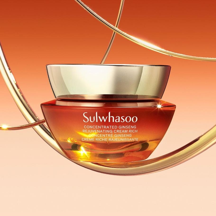 SULWHASOO Concentrated Ginseng Rejuvenating Cream Rich with luxurious gold accents against a vibrant background