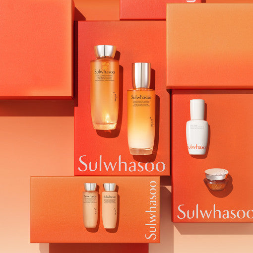 SULWHASOO Concentrated Ginseng Rejuvenating Set (Water 150ml & Emulsion 125ml) displayed against orange packaging.