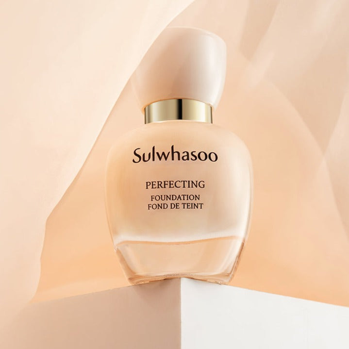 SULWHASOO Perfecting Foundation 35ml bottle on a soft background, showcasing the luxury and elegance of the foundation packaging.