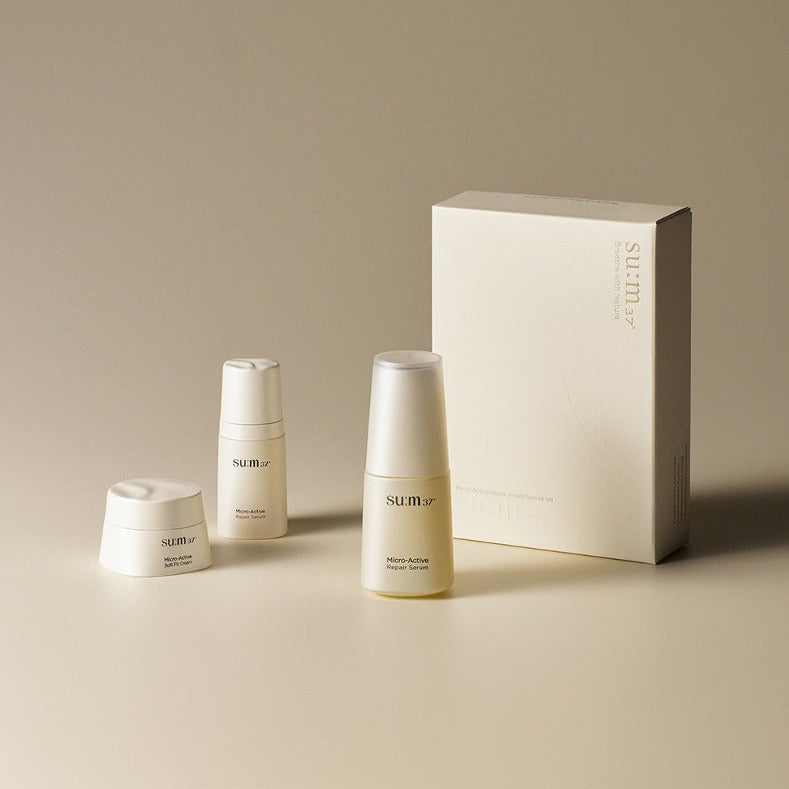 SU:M37 Microactive Repair Serum 30ml Set displayed with white packaging and bottles