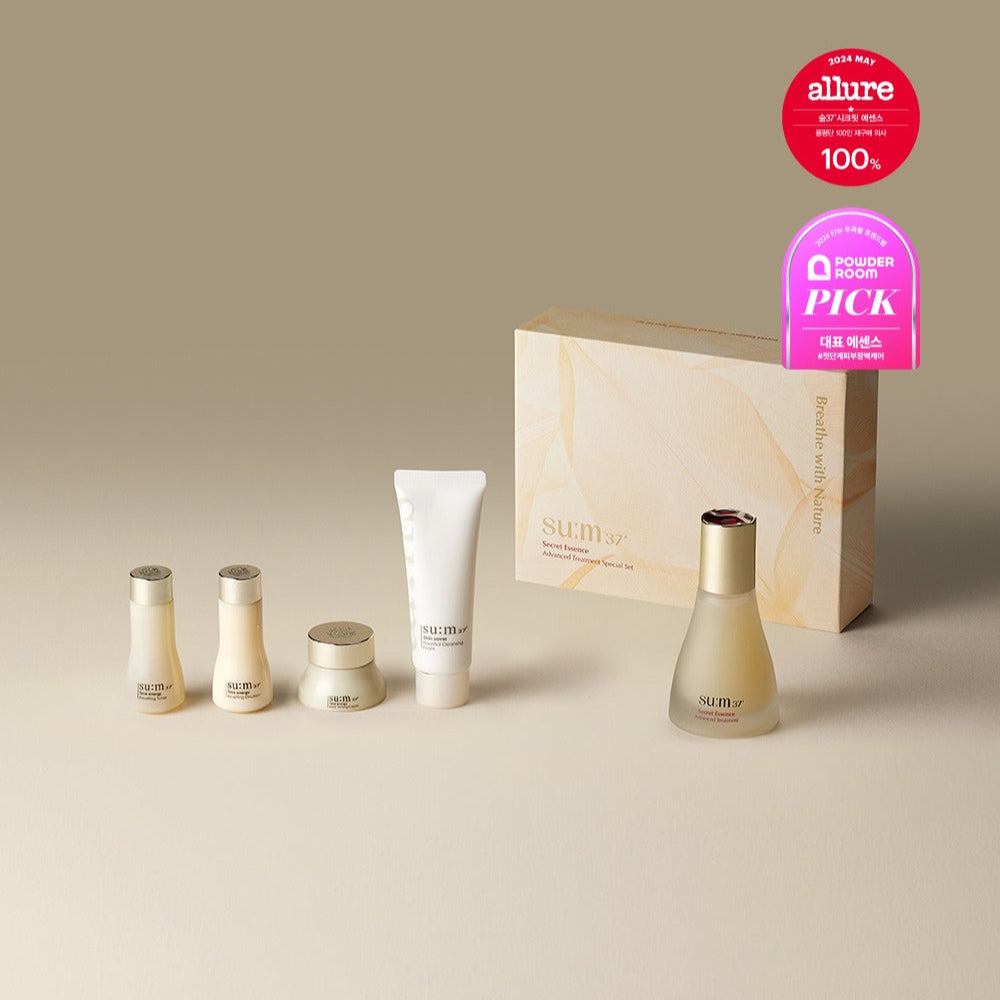 SU:M37 Secret Essence 45ml Set featuring skincare bottles and packaging against a neutral background.