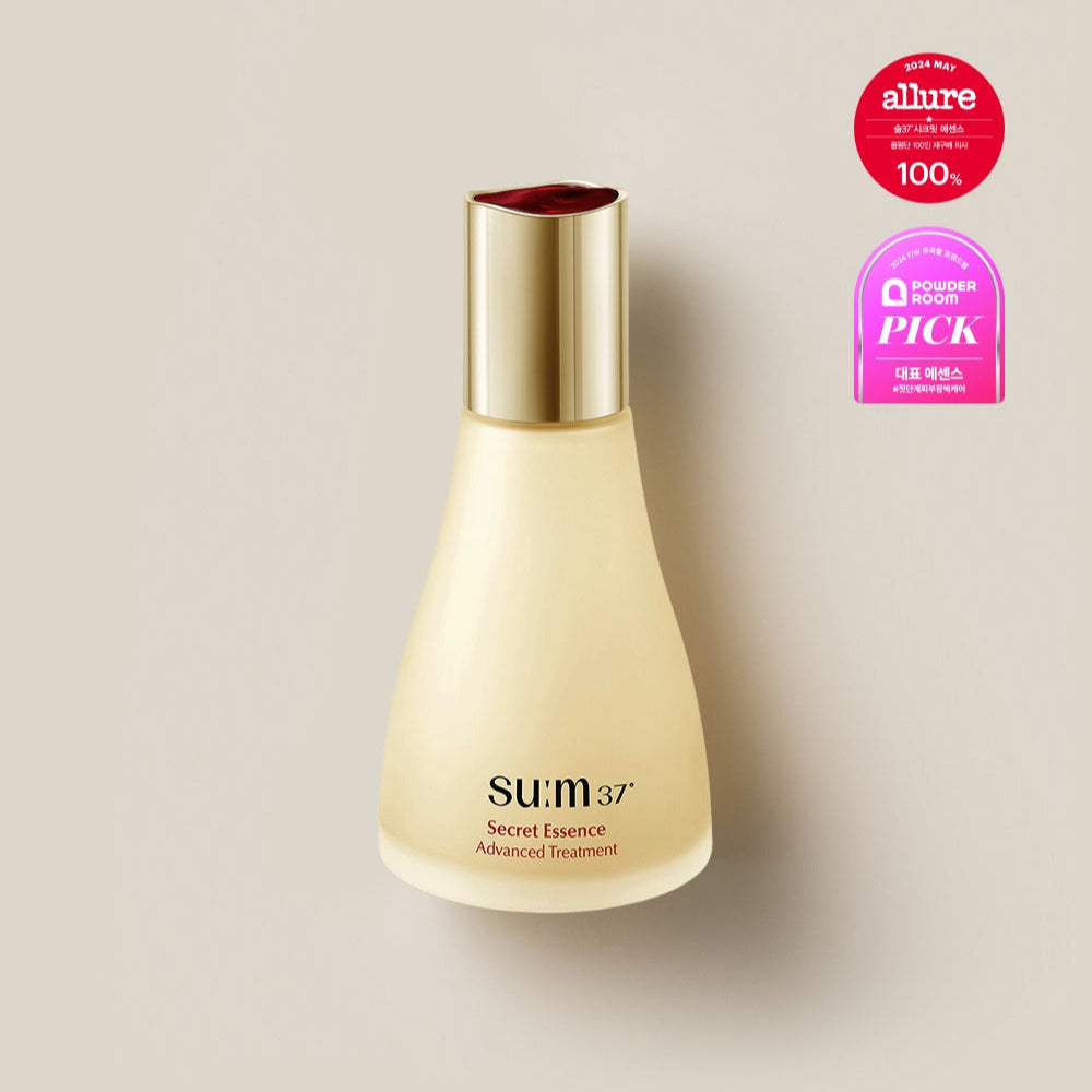 SU:M37 Secret Essence 80ml bottle with award stickers, featuring the renowned skincare product's elegant design.