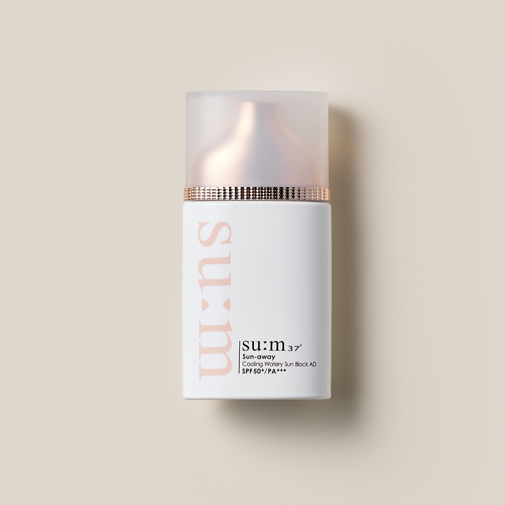 SU:M37 Sun-Away Cooling Watery Sunblock Aid 50ml in elegant packaging, providing effective sun protection with a cooling effect.
