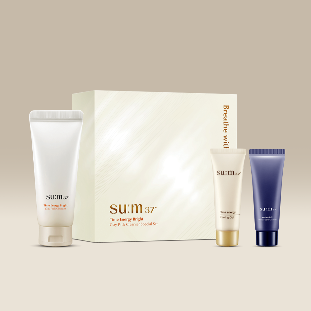 Image of SU:M37 Time Energy Bright Clay Pack Cleanser Planning (Set) with various skincare products displayed.