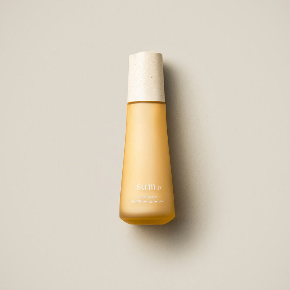 SU:M37 Time Energy Moist Balancing Emulsion 120ml product image of yellow bottle on beige background