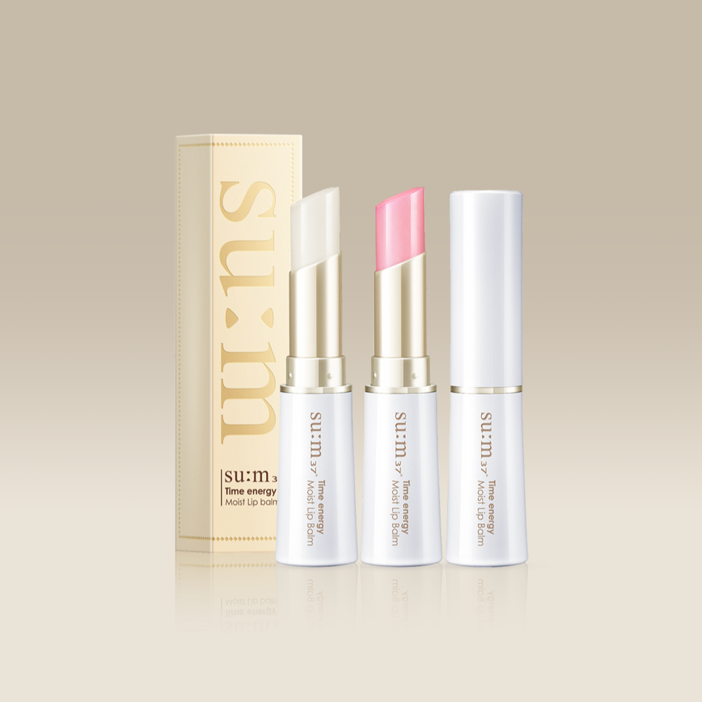SU:M37 Time Energy Moist Lip Balm product with packaging and open lip balm sticks