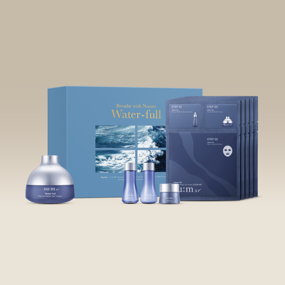 SU:M37 Water-full gel cream large capacity plan (Set) featuring hydrating skincare products against a neutral background.