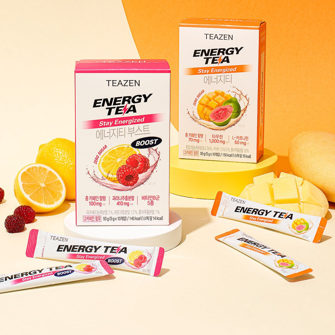 TEAZEN Energy Tea Boost 10 Sticks with fruit flavor varieties displayed with packaging and ingredients for vibrant energy boost.