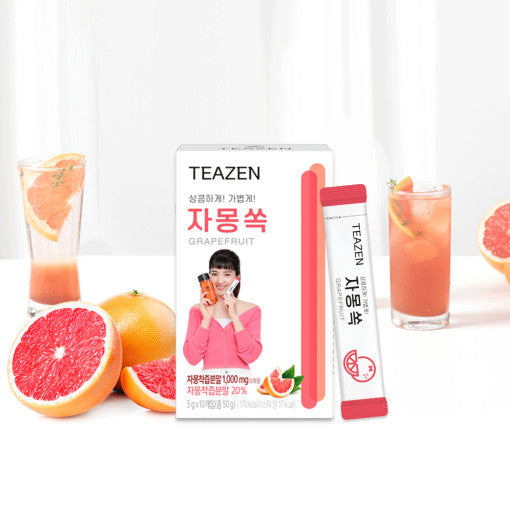 TEAZEN Grape Fruit Tea 10 Sticks packaging with grapefruit slices and tea drinks in the background.