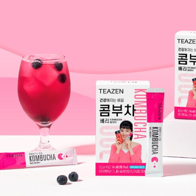 Display of TEAZEN Kombucha Berry 10 Sticks with berry drink, showcasing packaging and vibrant beverage for refreshment.