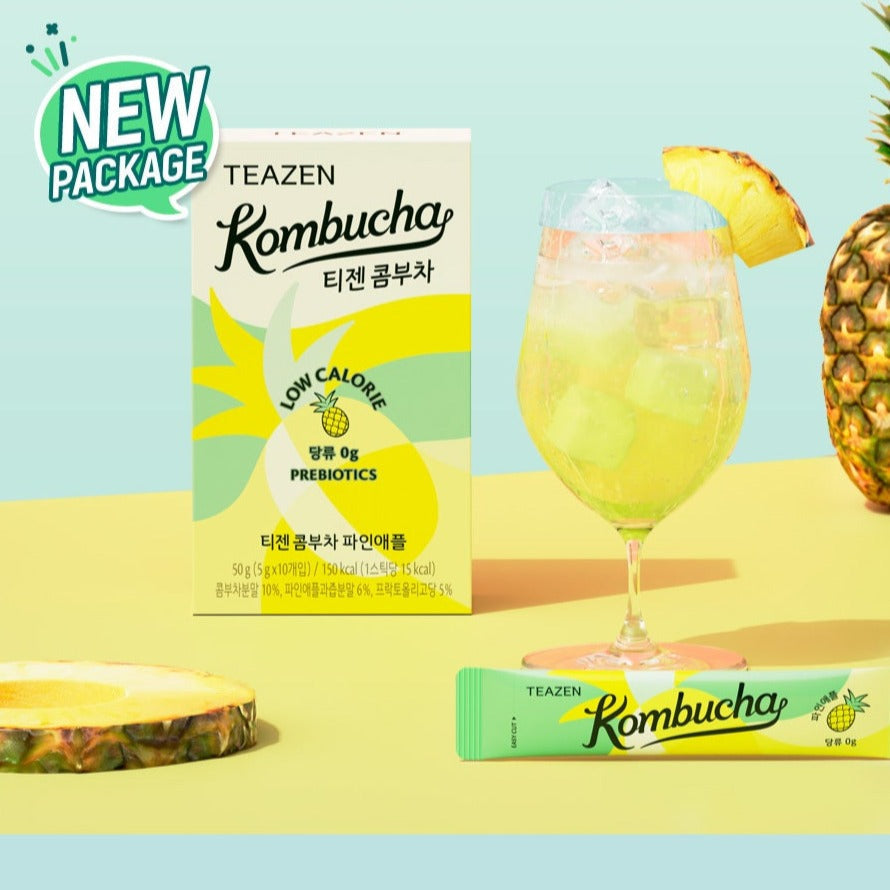 TEAZEN Kombucha Pineapple 10 Sticks with refreshing drink and packaging, low calorie prebiotic beverage.