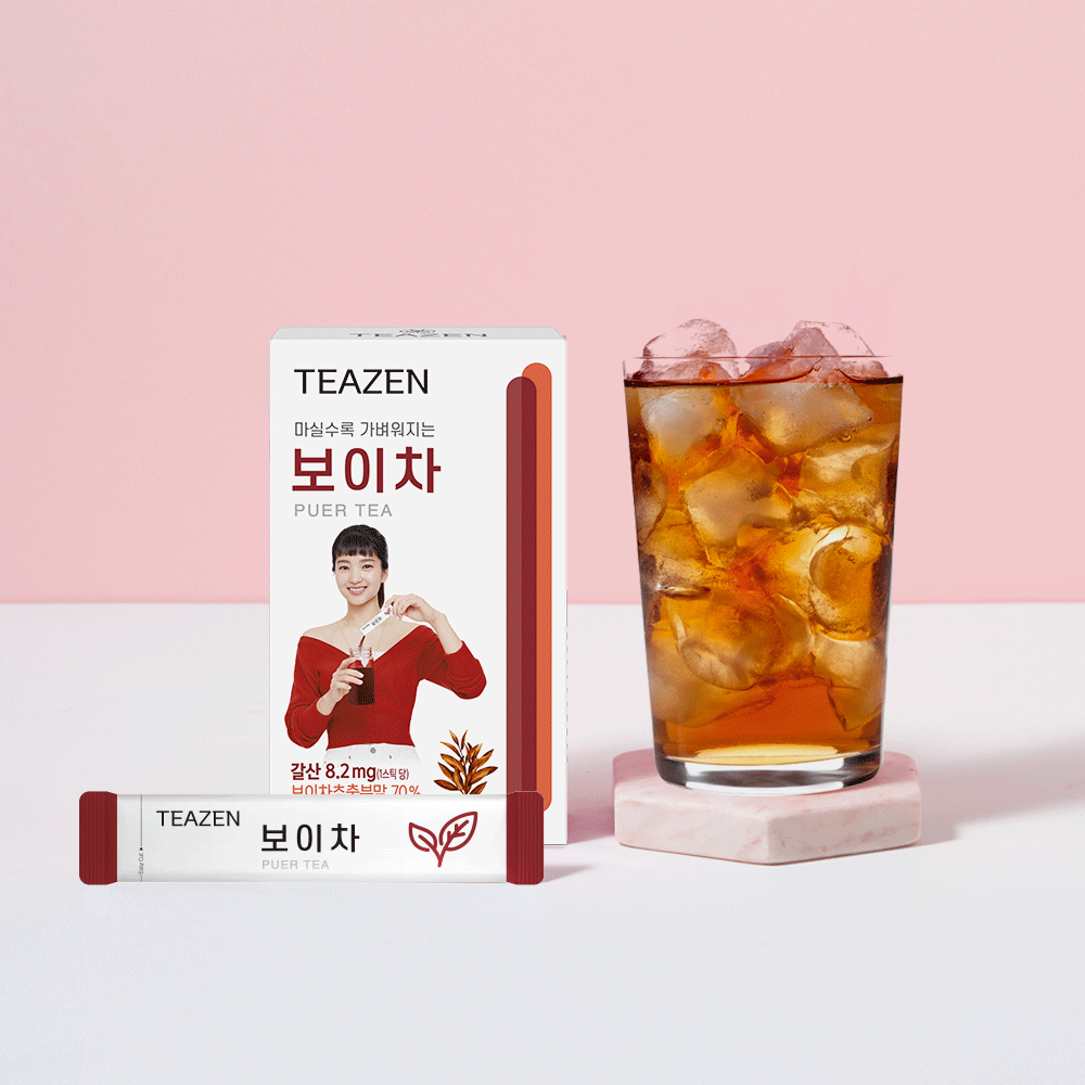 TEAZEN Puer Tea 10 Sticks packaging and iced tea display