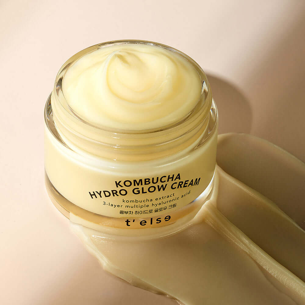 Jar of T'ELSE Kombucha Hydro Glow Cream 50ml with a creamy texture on a light background