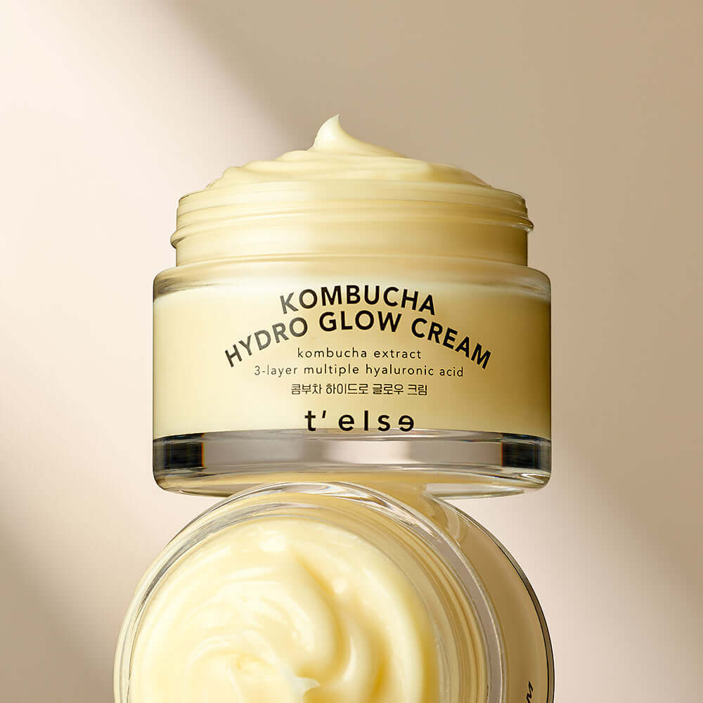 T'ELSE Kombucha Hydro Glow Cream 50ml in an open jar showcasing smooth cream texture