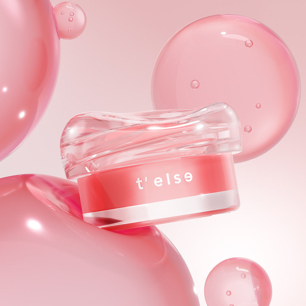 T'ELSE Plumping Glow Jelly Pot 9g showcasing pink packaging with bubbles in the background, perfect for hydrated and luminous skin.