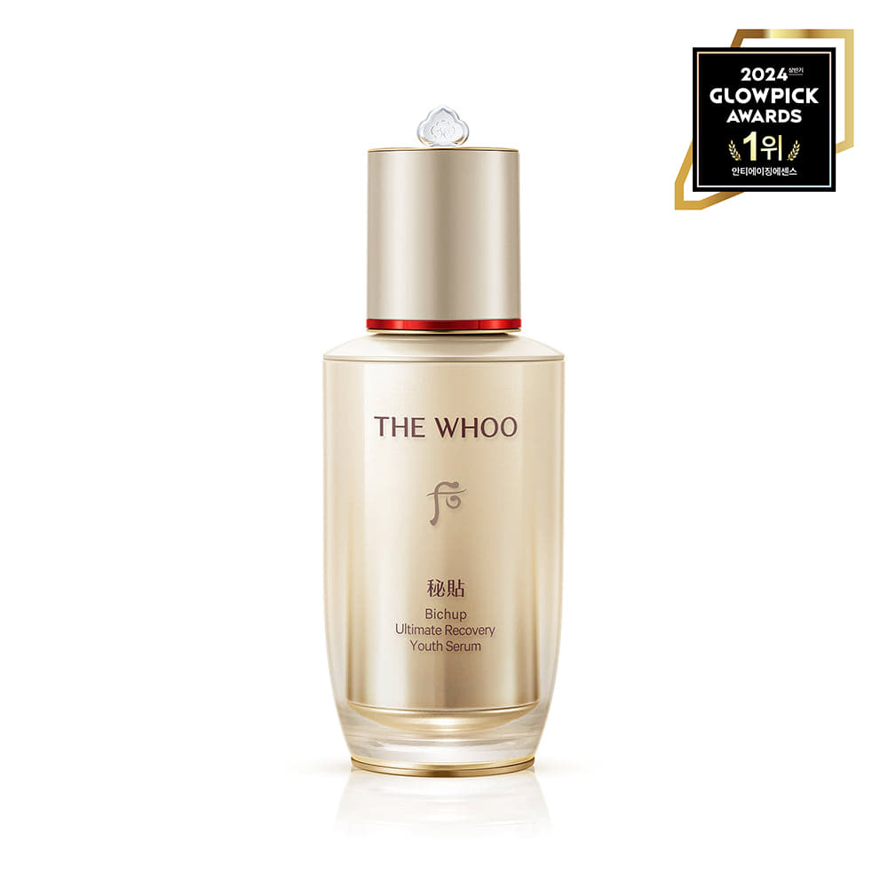 THE WHOO Bicheop Seft-Growing Essence 50ml bottle with award logo, luxury skincare product for youthful skin.
