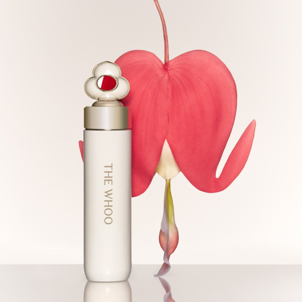 THE WHOO Essentail Lip Glow Balm with elegant floral backdrop
