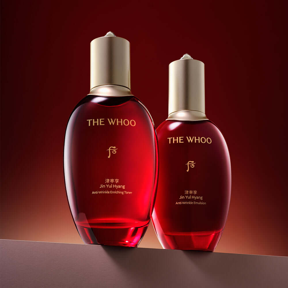 THE WHOO Jin Yul Hyang Anti-Wrinkle Emulsion 110ml displayed with luxury packaging on a gradient background.