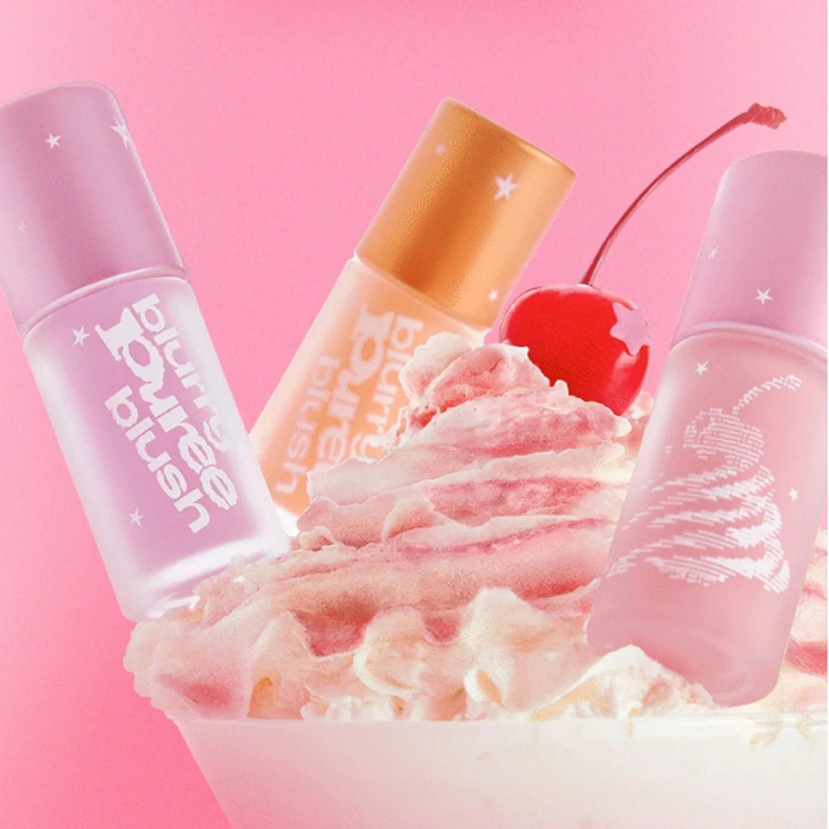 TIP TOE Blurry Puree Blusher bottles with whipped cream and cherry, showcasing colorful blush shades.
