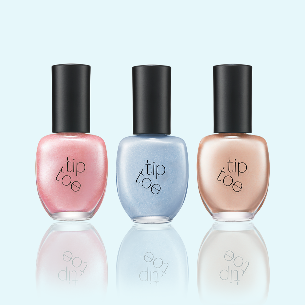 Three bottles of TIP TOE Matte Glitter Nail Polish in pink, blue, and beige shades displayed on a light background.