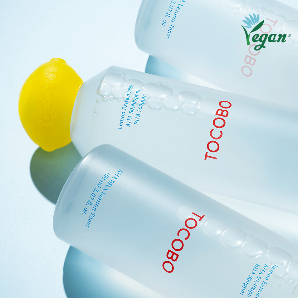 TOCOBO AHA BHA Lemon Toner with vegan certification and lemon extract shown in angled shot.