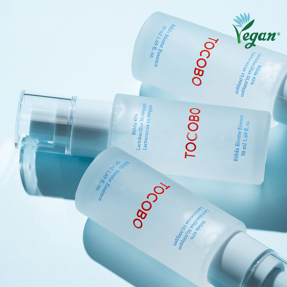 TOCOBO Bifida Biome Eessence bottle with vegan label on blue background