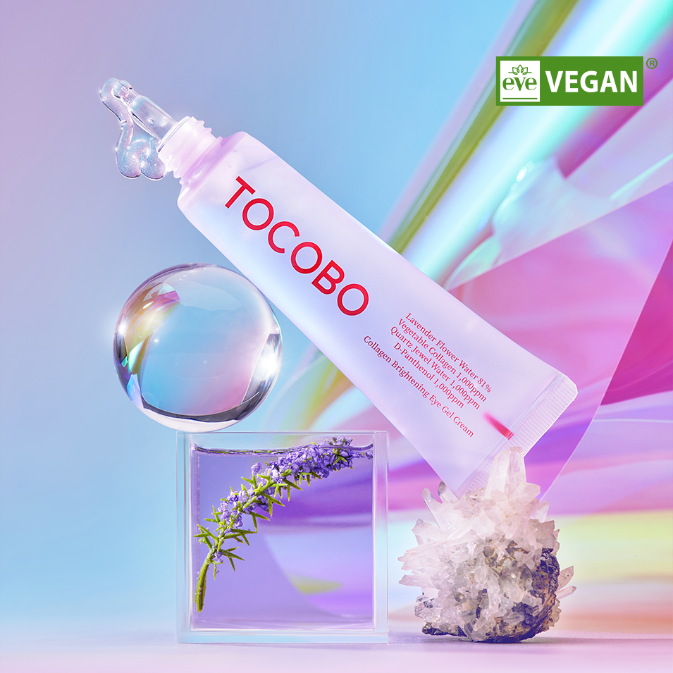 TOCOBO Collagen Brightening Eye Gel Cream 30ml tube with vibrant background, highlighting its vegan, collagen-rich formula for eye care.