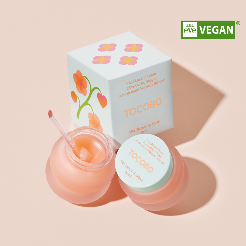 TOCOBO Vita Glazed Lip Mask 20ml with packaging and open jar, vegan certification displayed.