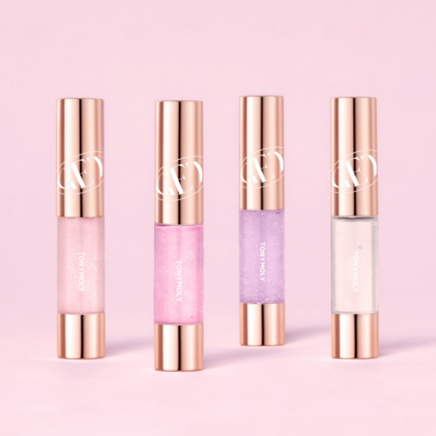 TONY MOLY Get It Tint Plumper, diverse shades of lip tint tubes on a pink background