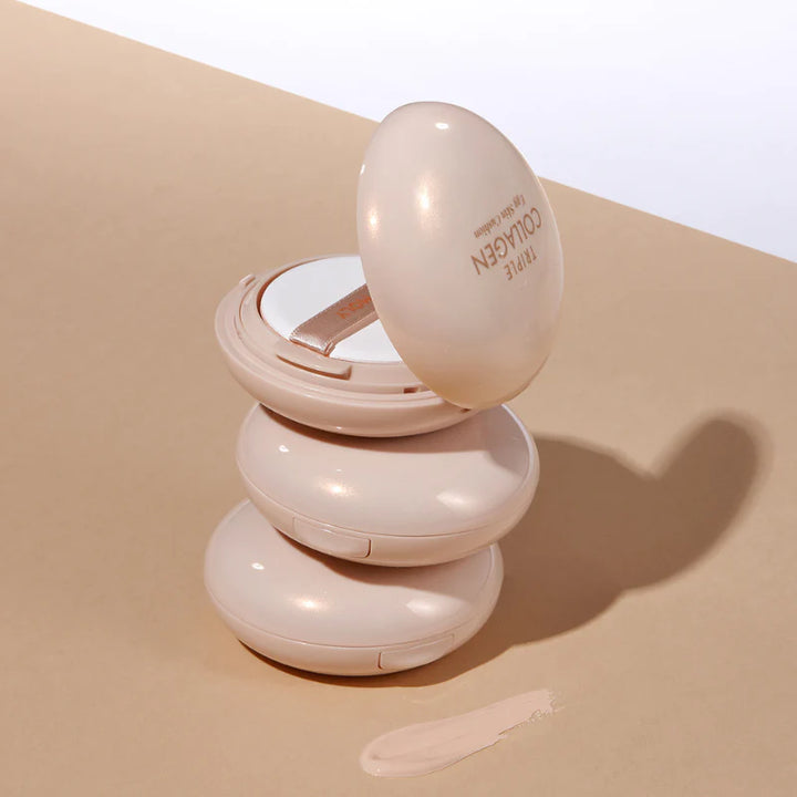 TONY MOLY Triple Collagen Egg Skin Cushion in beige, showcasing sleek compact design and moisturizing formula for flawless skin.