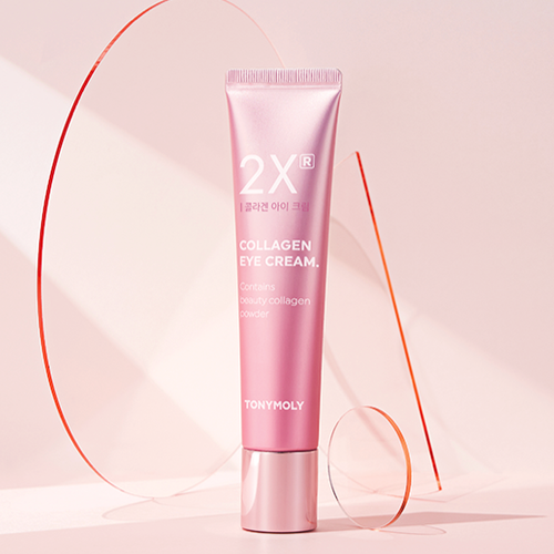 TONYMOLY 2Xr Collagen Eye Cream 30ml tube in a pink and red modern display setting.