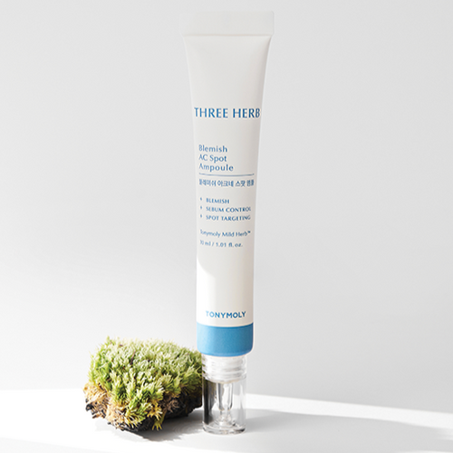 TONYMOLY Blemish Acne Spot Ampoule 30ml on display with natural elements