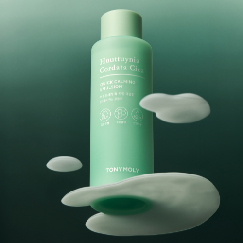 TONYMOLY Cordata Cica Quick Calming Emulsion bottle with floating cream drops