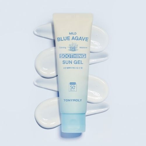 TONYMOLY Mild Blue Agave Soothing Sun gel 50ml with moisturizing and soothing properties, displayed with texture swatches.