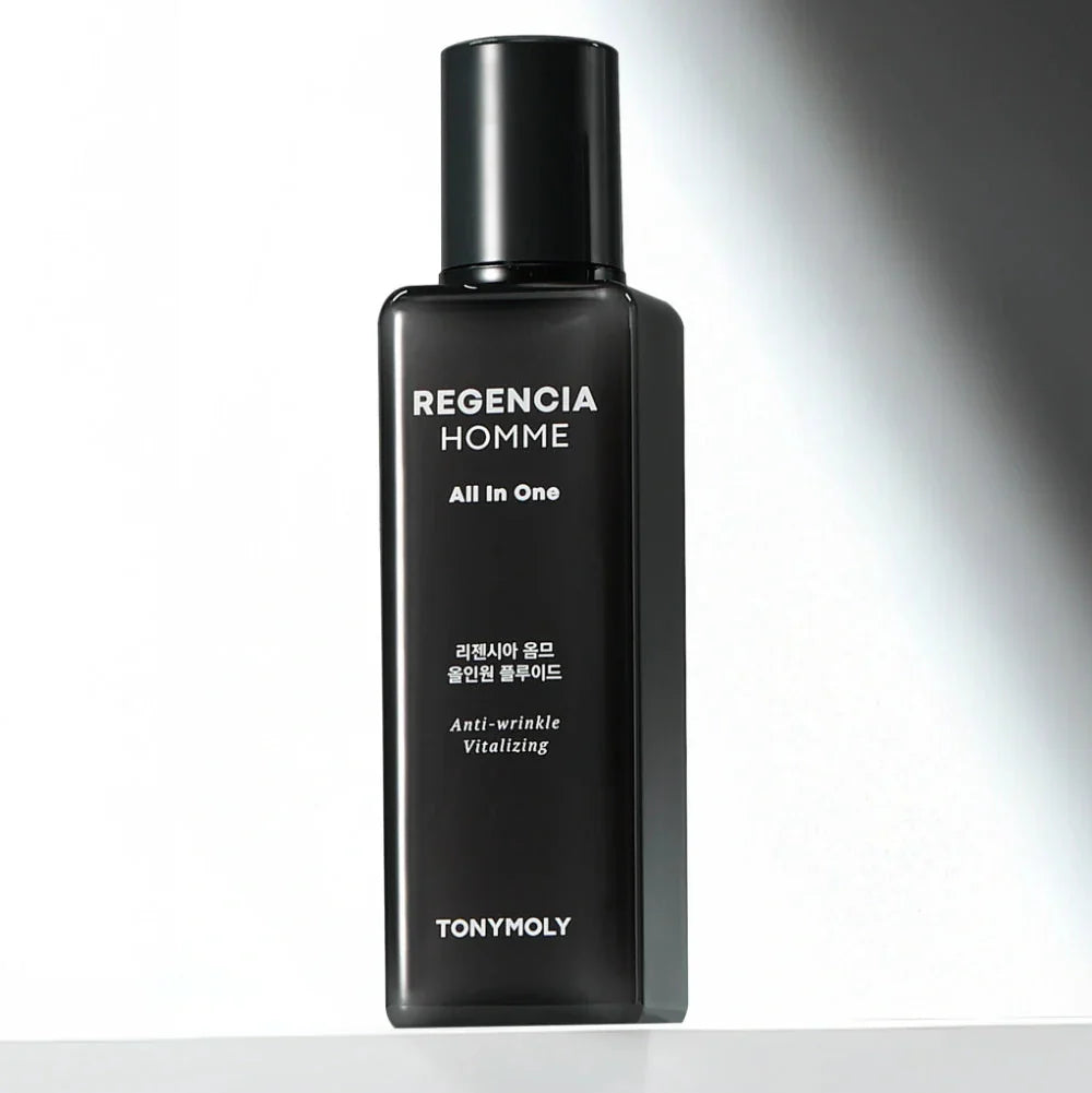 TONYMOLY Regencia Homme All-in-One Fluid 150ml black bottle product shot by Gentleman Korea - men's skincare for anti-wrinkle revitalizing care
