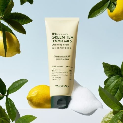 TONYMOLY The Chok Chok Green Tea Lemon Mild Cleansing Foam 150ml with lemons and green leaves.