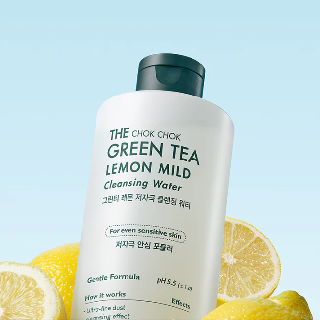 TONYMOLY The Chok Chok Green Tea Lemon Mild Cleansing Water 300ml bottle with lemons