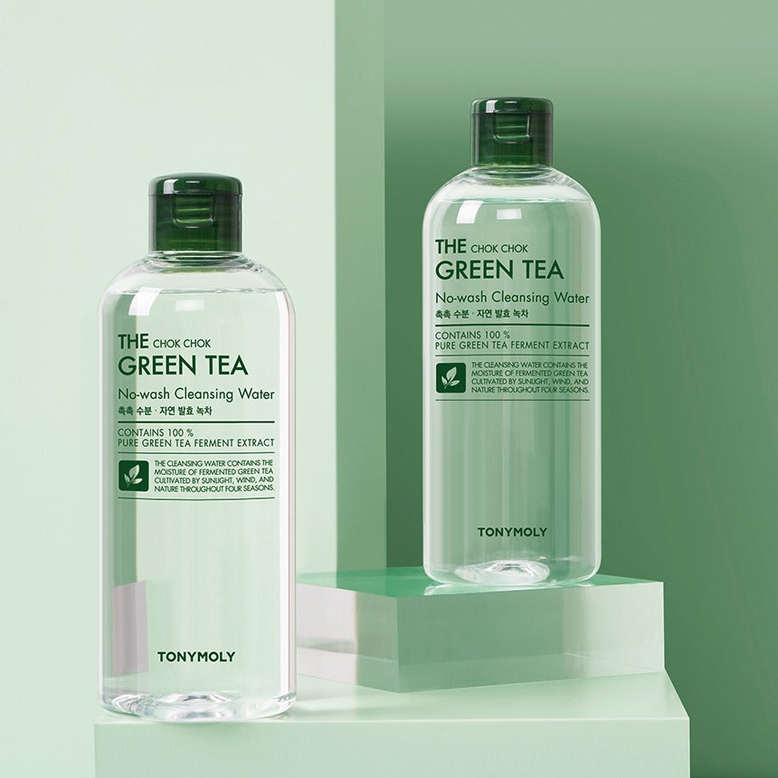 TONYMOLY The Chok Chok Green Tea No-wash Cleansing Water 300ml bottles displayed on a green background