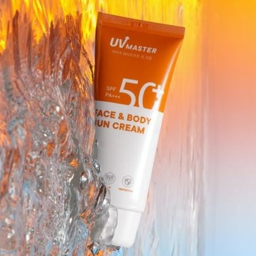 TONYMOLY UV Master Face & Body Sun Cream 80ml SPF 50+ on ice with vibrant background