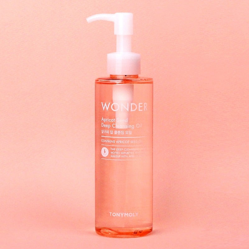 TONYMOLY Wonder Apricot Deep Cleansing Oil 190ml bottle on peach background