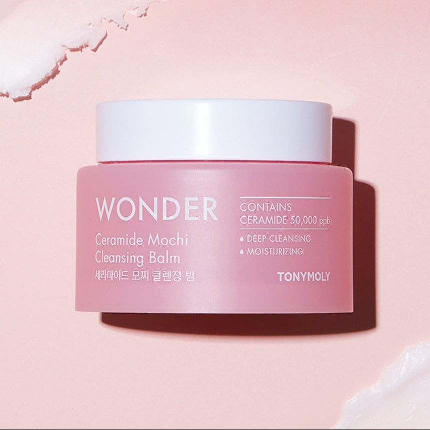 TONYMOLY Wonder Ceramide Mochi Cleansing Balm 100ml in pink jar on pink background