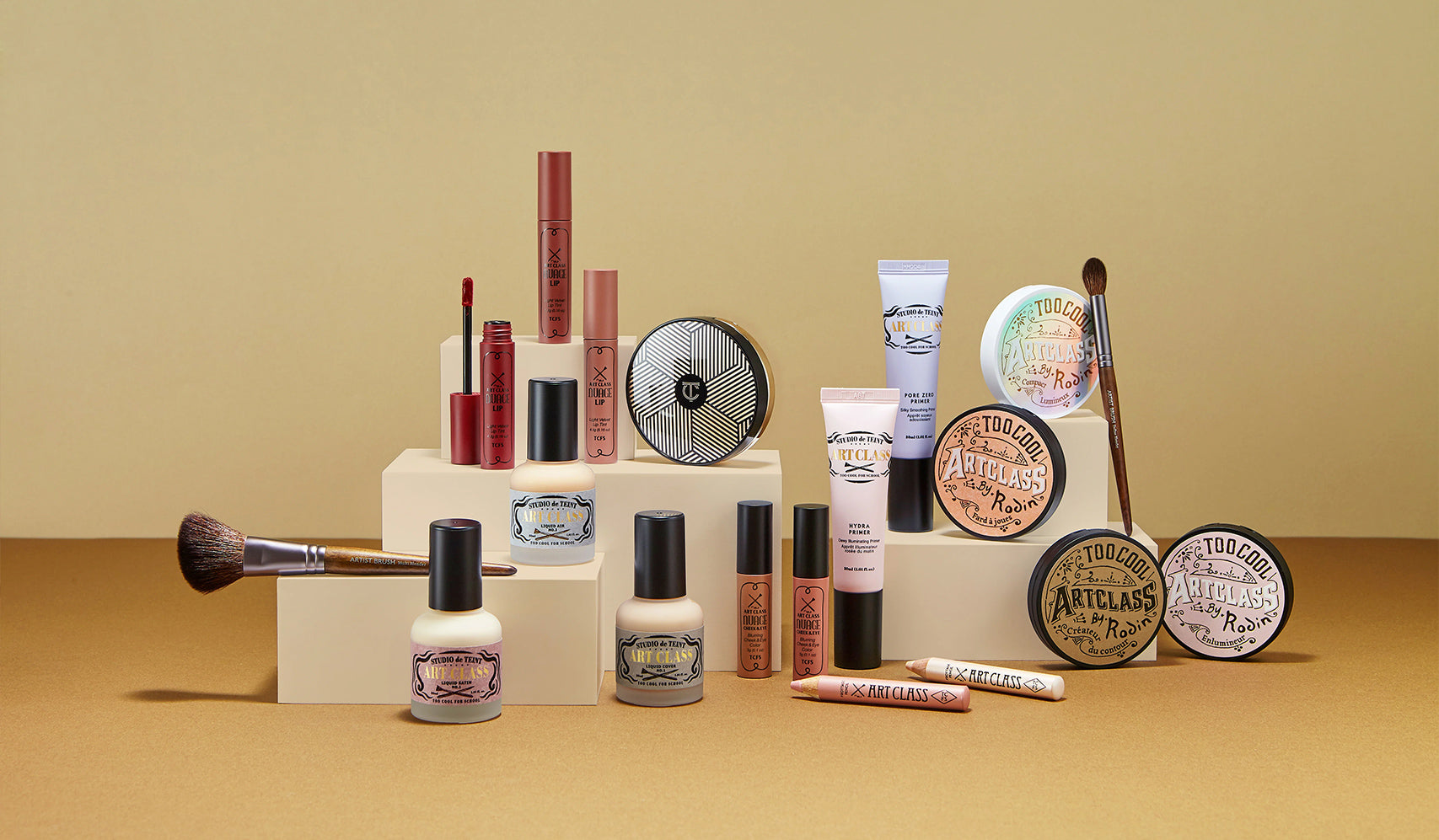 Variety of skincare and makeup products displayed on shelves with brushes and tubes on a neutral background.