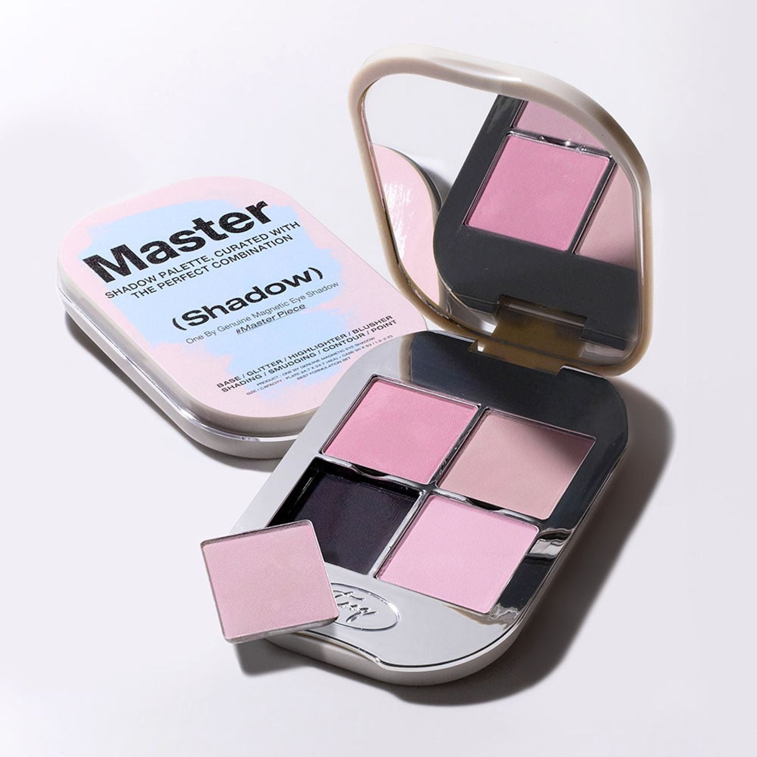TOOQ Master Piece Face Shadow Palette with pink and nude shades and built-in mirror, perfect for versatile makeup looks.