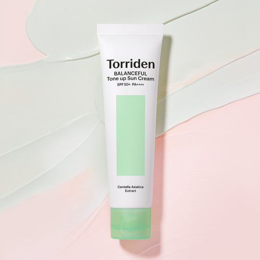 TORRIDEN Balanceful Centella Asiatica Extract Tone Up Sun Cream SPF 50+ PA++++ 60ml product packaging on pink background