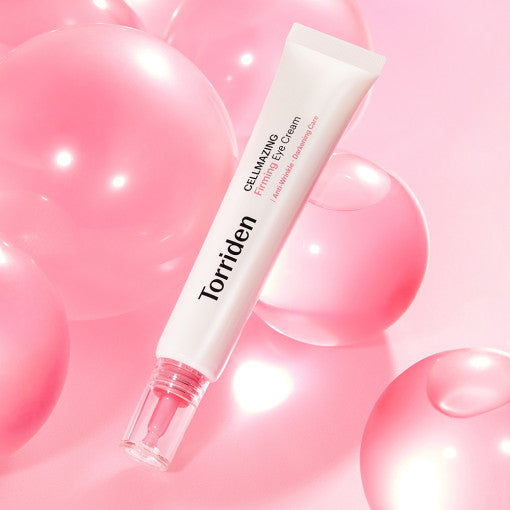 TORRIDEN Cellmazing Low Molecular Collagen Firming Eye Cream 30ml with pink background and bubbles for rejuvenated appearance