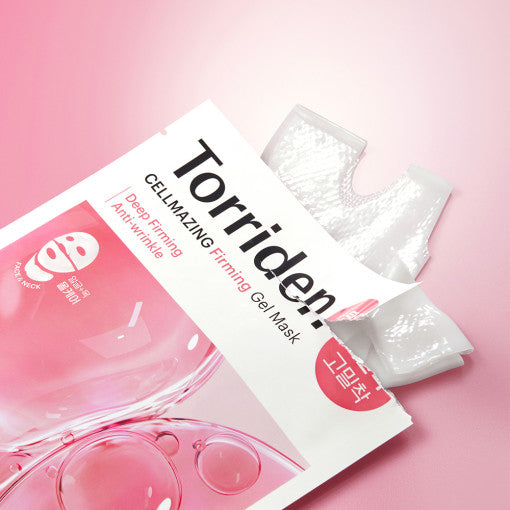 TORRIDEN Cellmazing Low Molecular Collagen Firming Gel Mask packaging on pink background