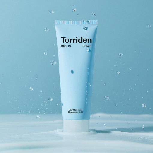 TORRIDEN Dive In Low Molecular Hyaluronic Acid Cream 80ml in a blue tube with water droplets.