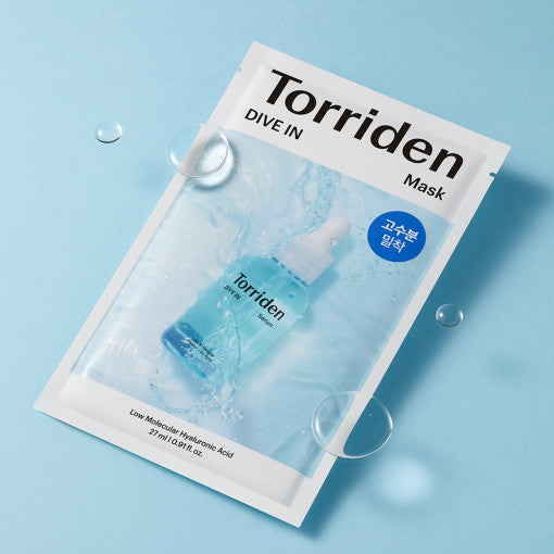 TORRIDEN Dive In Low Molecular Hyaluronic Acid Mask on blue background with water droplets.