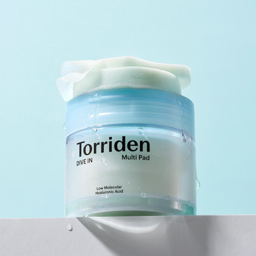 TORRIDEN Dive In Low Molecular Hyaluronic Acid Multi Pad 80p 160ml skincare product with hydrating benefits in a clear blue jar.